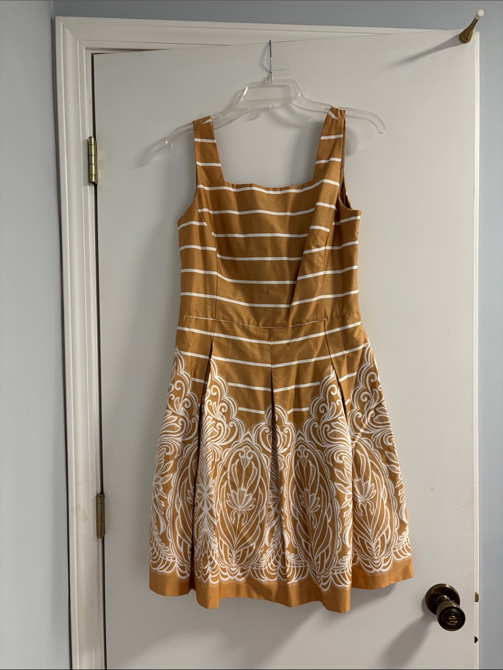 CeCe Mustard Striped & White Embroidered Fit-and-Flare Midi Dress